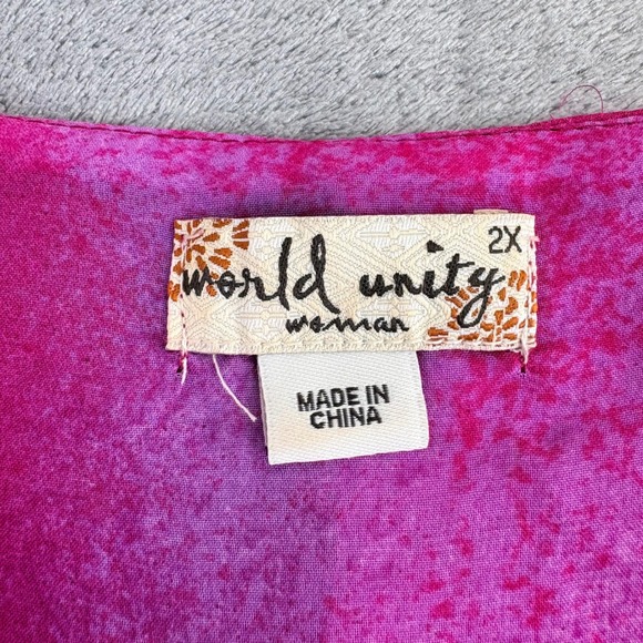 World Unity Woman 2X Pink Purple Abstract Print Studded Sheer Overlay Top Blouse - Picture 5 of 8